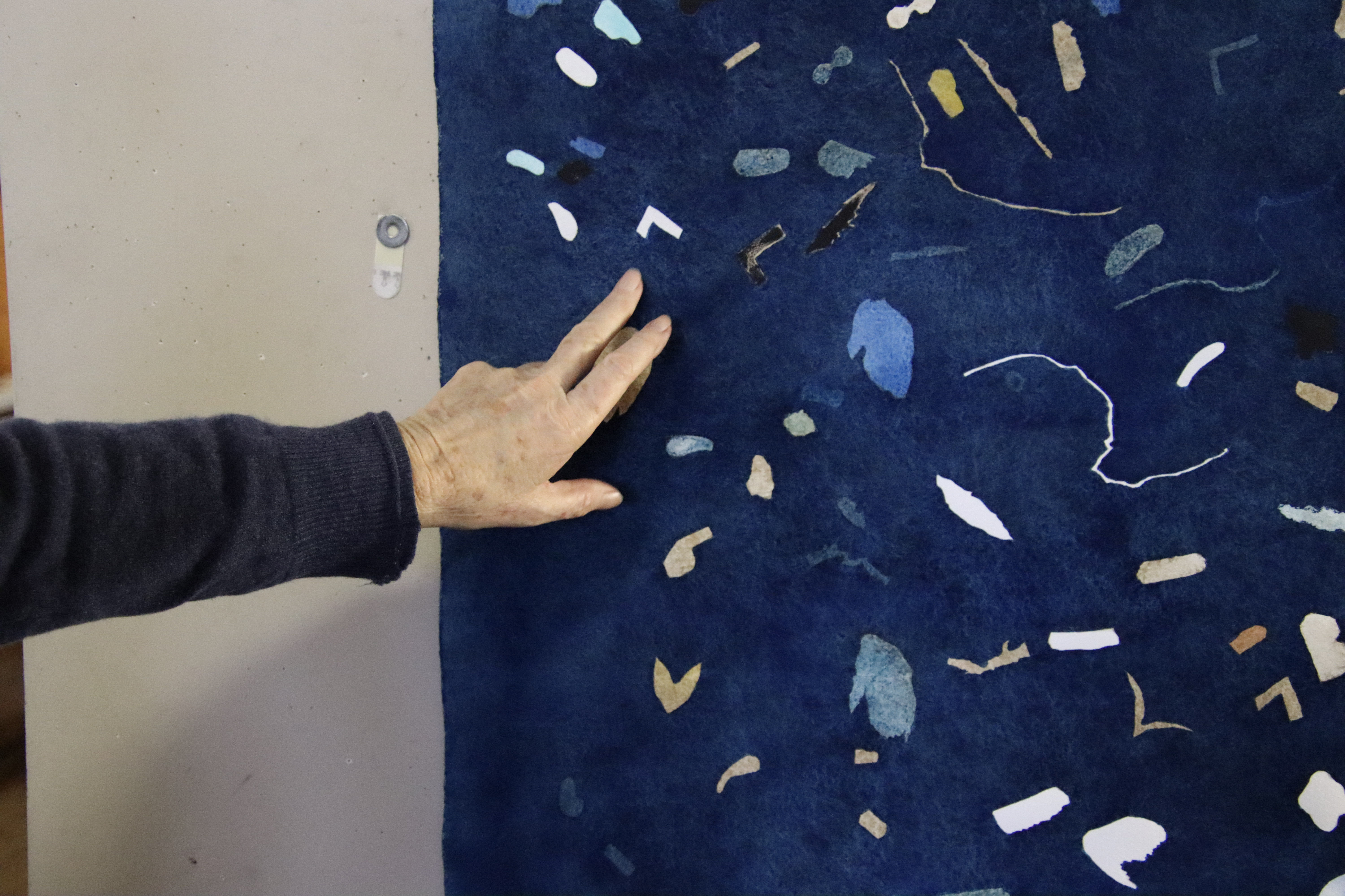 Penny pointing to an ‘L’ shape parking space marker. In this work you can also see fragments of foliage, a disembodied wing, and Tamar Island. 