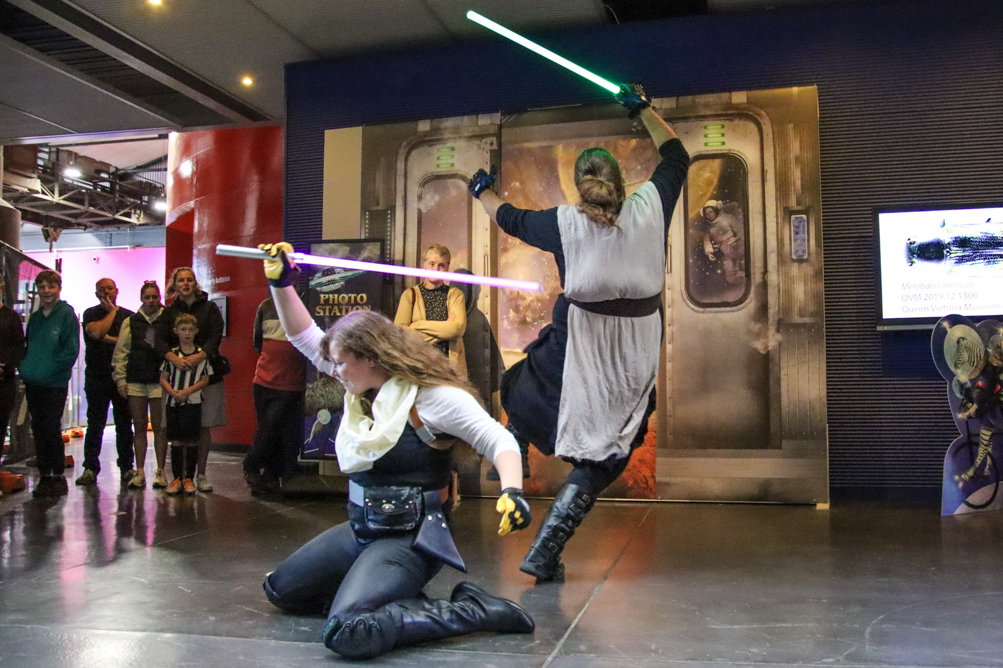 Two members of the Tasmanian Litesabre Alliance battle at QVMadness 2024.