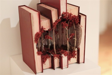 ArtRage 2023: Zara Tiffin, Once Upon a Red Forest (2023); books, sponge, acrylic paint, wood; 21 c x 29 cm. Image: QVMAG.