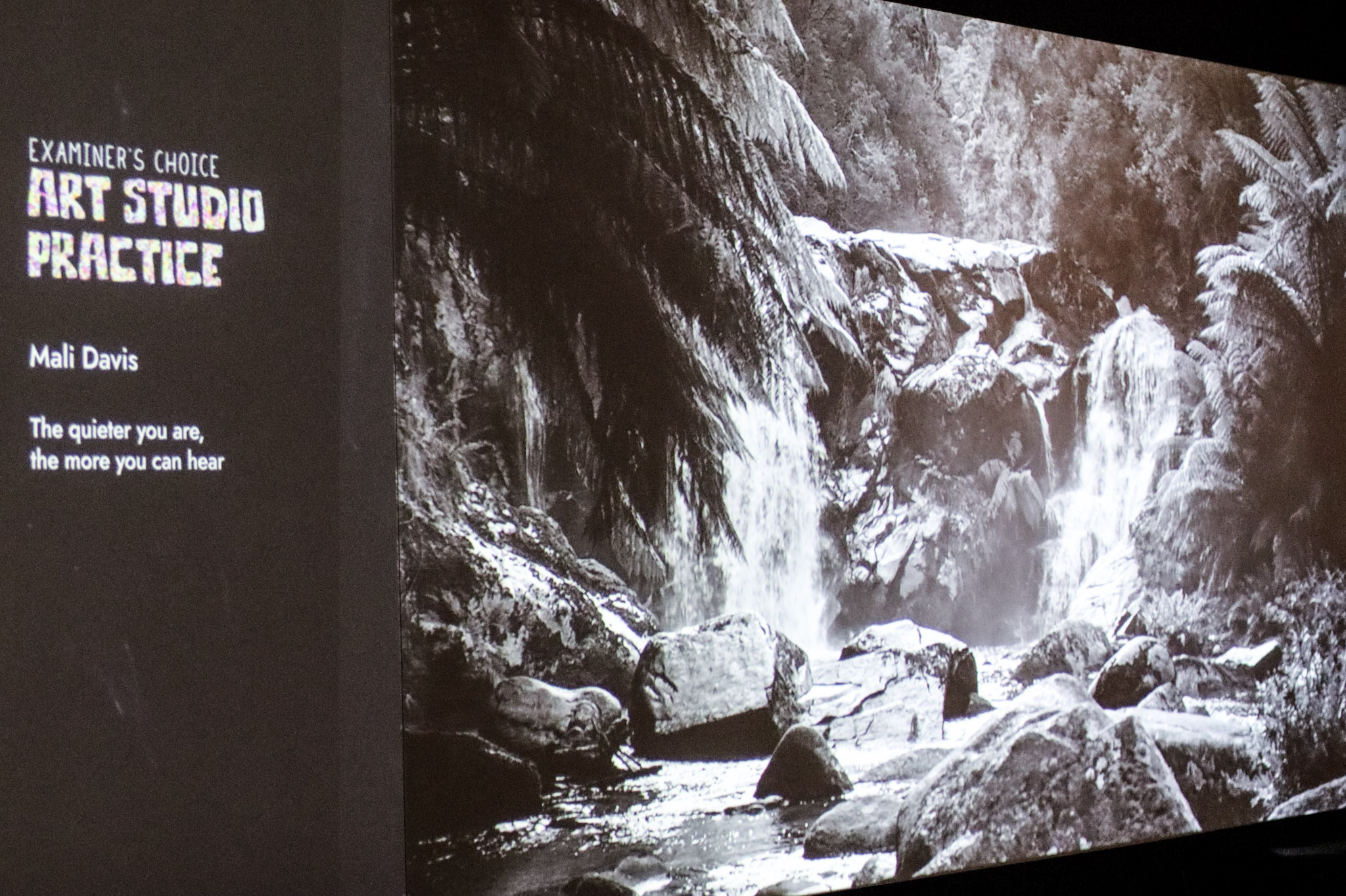 Waterfall image in the exhibition view of Mali Davis' video 'the quieter you are, the more you can hear'.