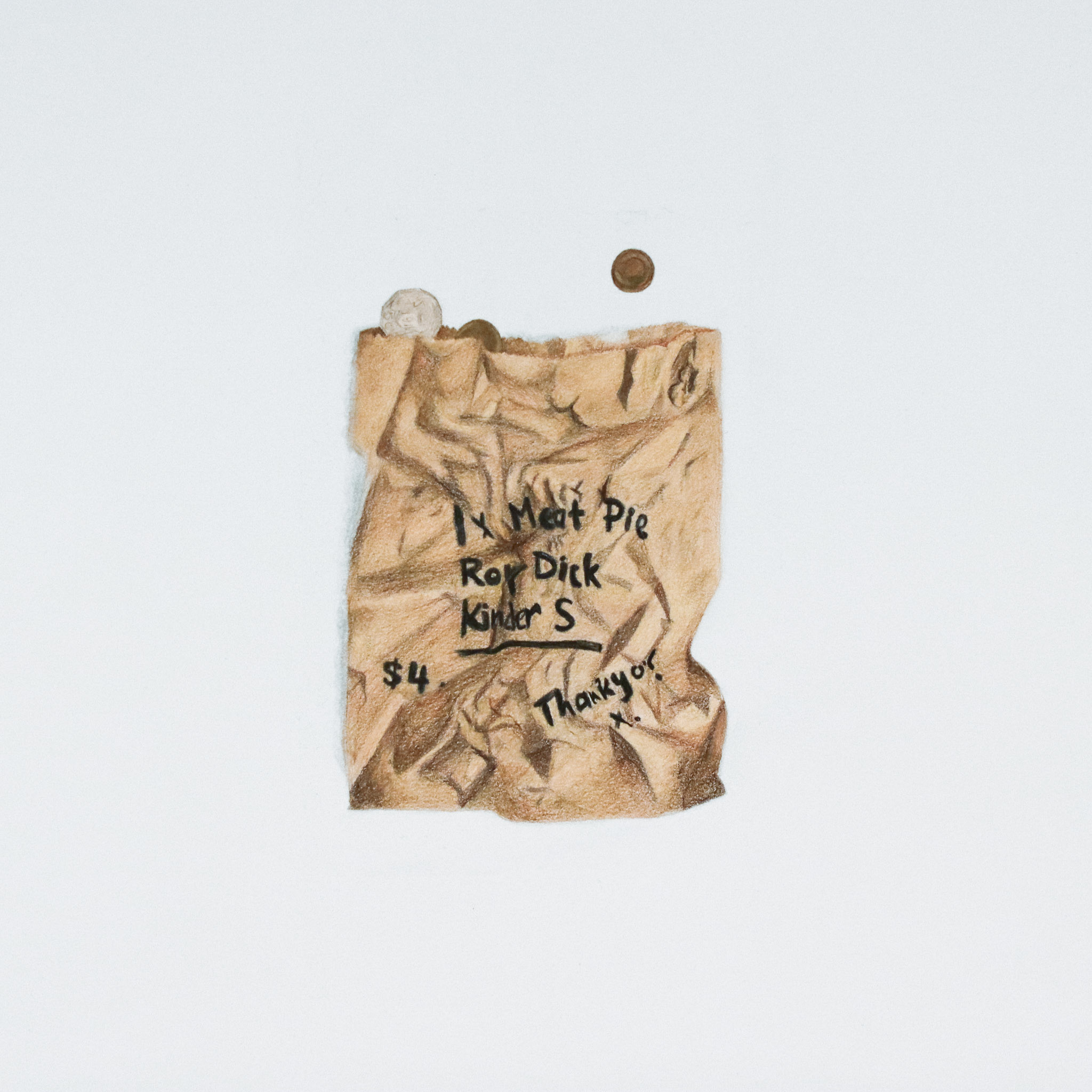 'Lunch Order', a pencil drawing of a child's lunch order on a paper bag by ArtRage 2024 artist, Rory Dick.
