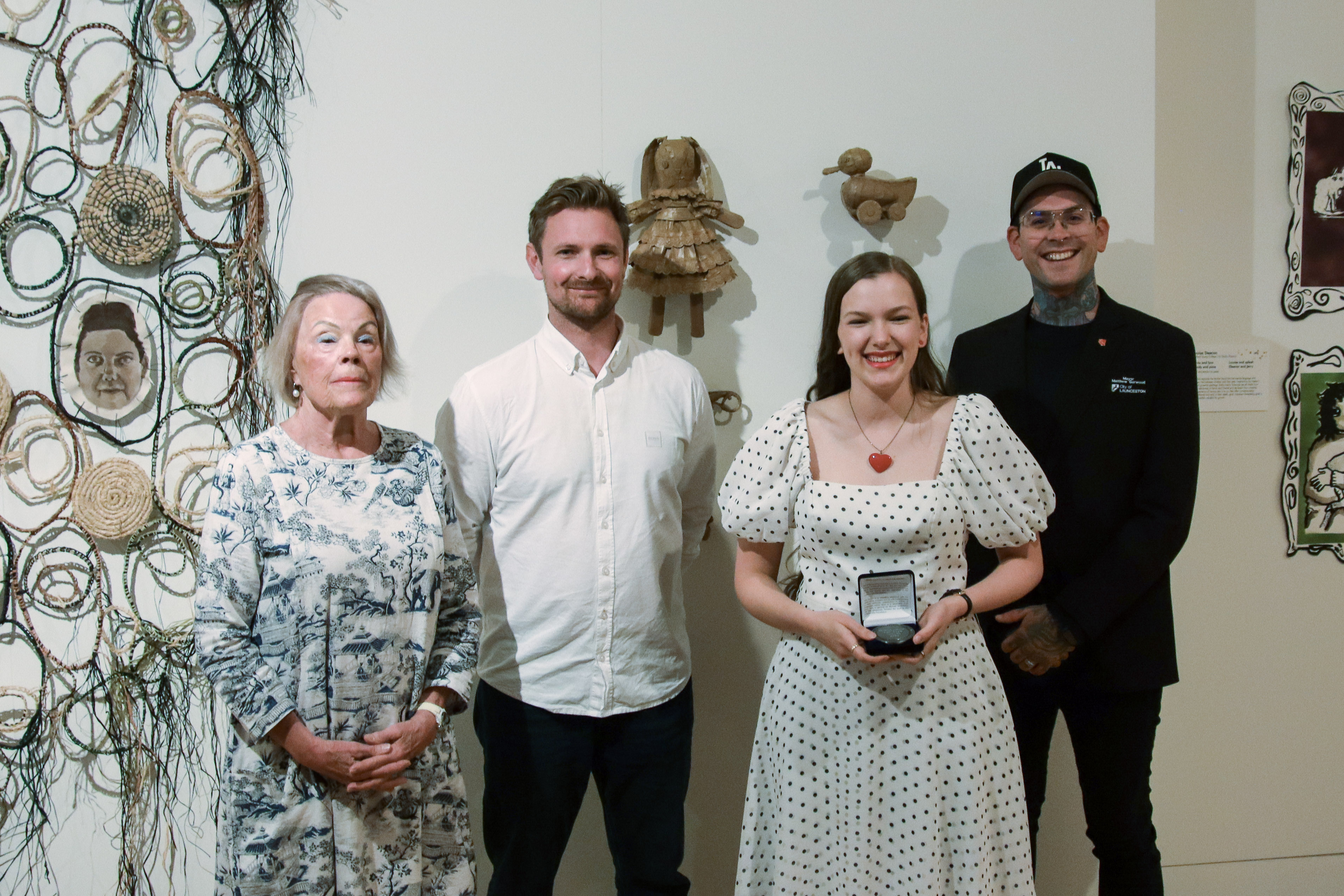 QVMAG Arts Foundation Chair Susi Reid, The Friends School arts teacher Hamish Hall, ArtRage medallion winner Severine Cherry and City of Launceston Mayor Matthew Garwood