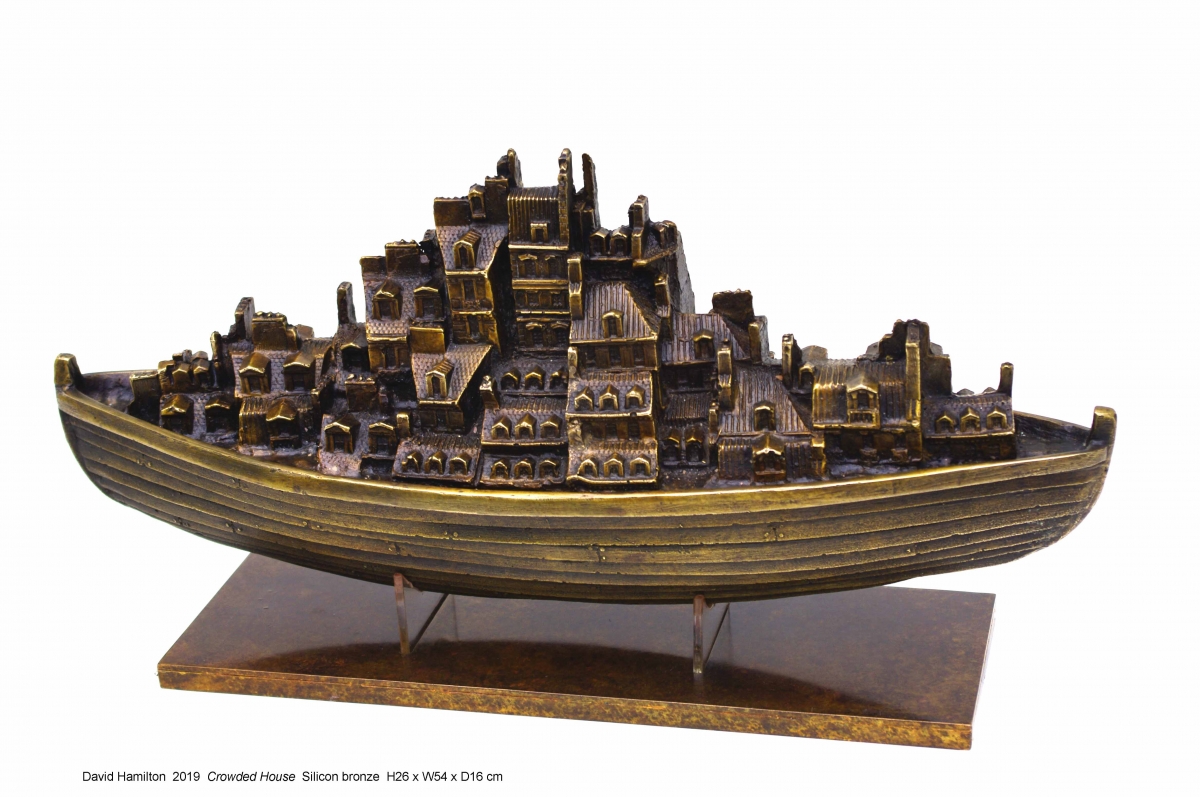 Bronze boat sculpture called Crowded House by David Hamilton