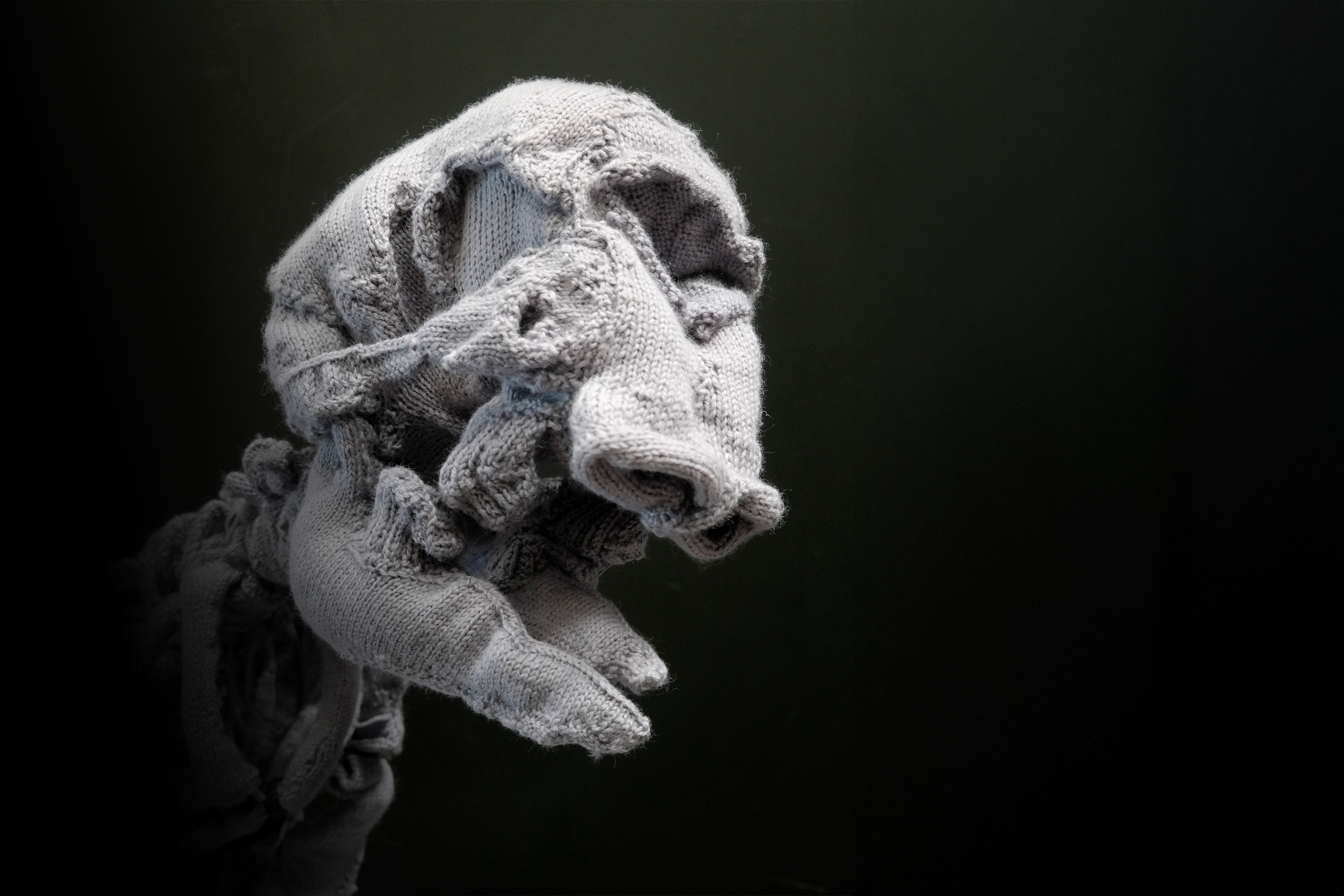 Knitted sculpture titled Epitaph (with trunk) by Michele Beevor