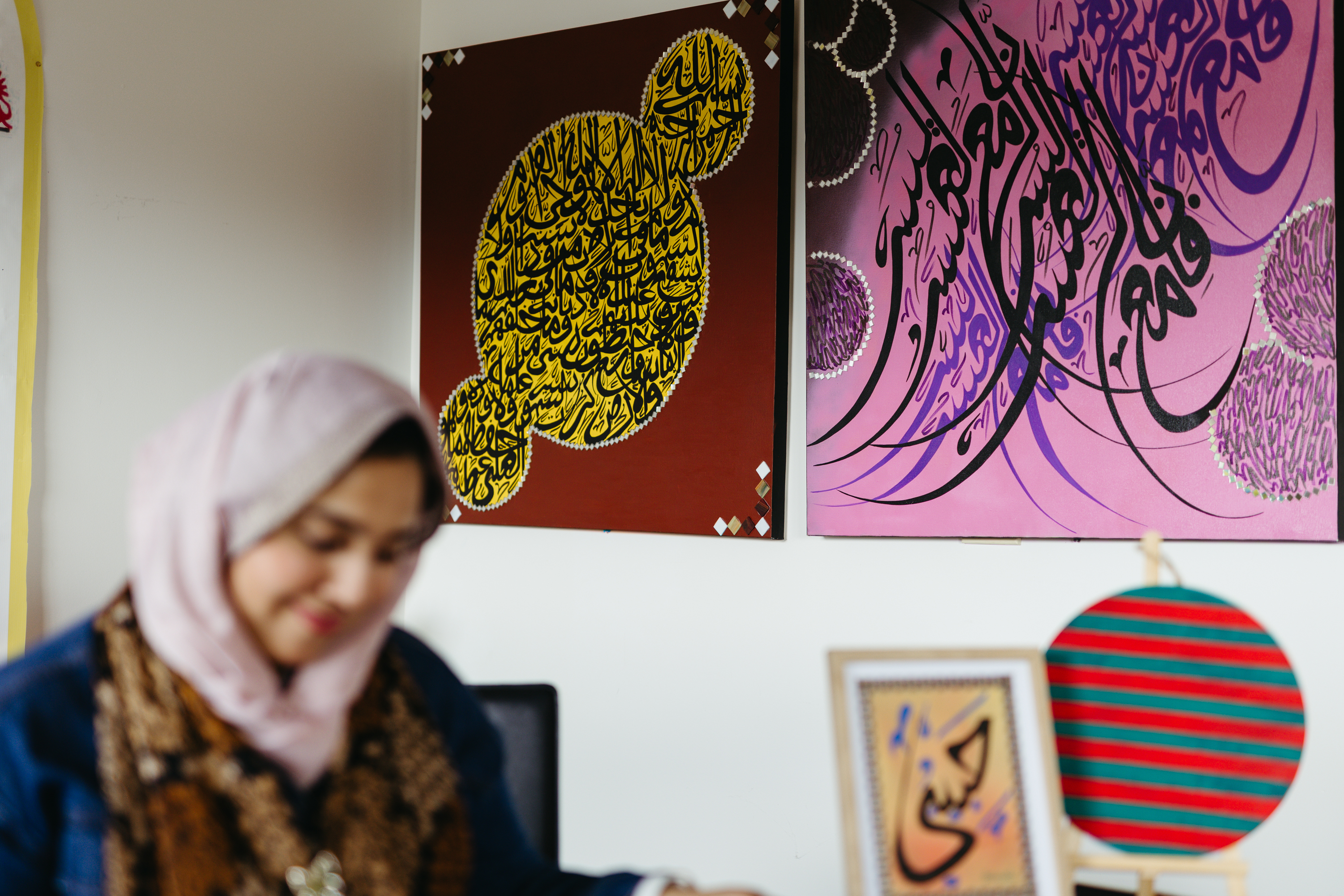 Artworks by RISE artist Halima Bhatti displayed in her studio