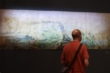 A visitor looking at a multimedia artwork by Cheryl Rose