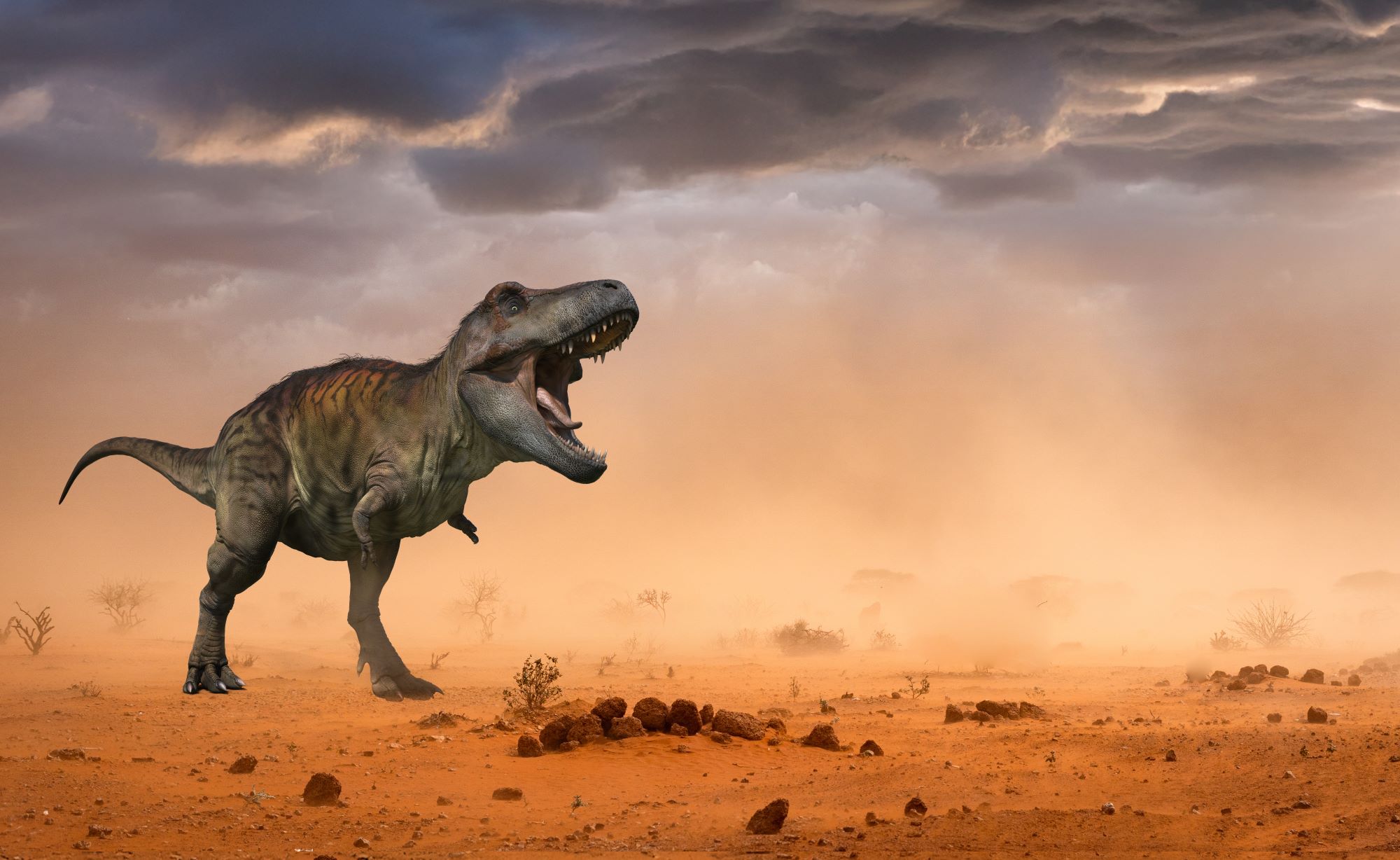 Six Extinctions prmootional image showing a Tyrannosaurus Rex in a desert landscape