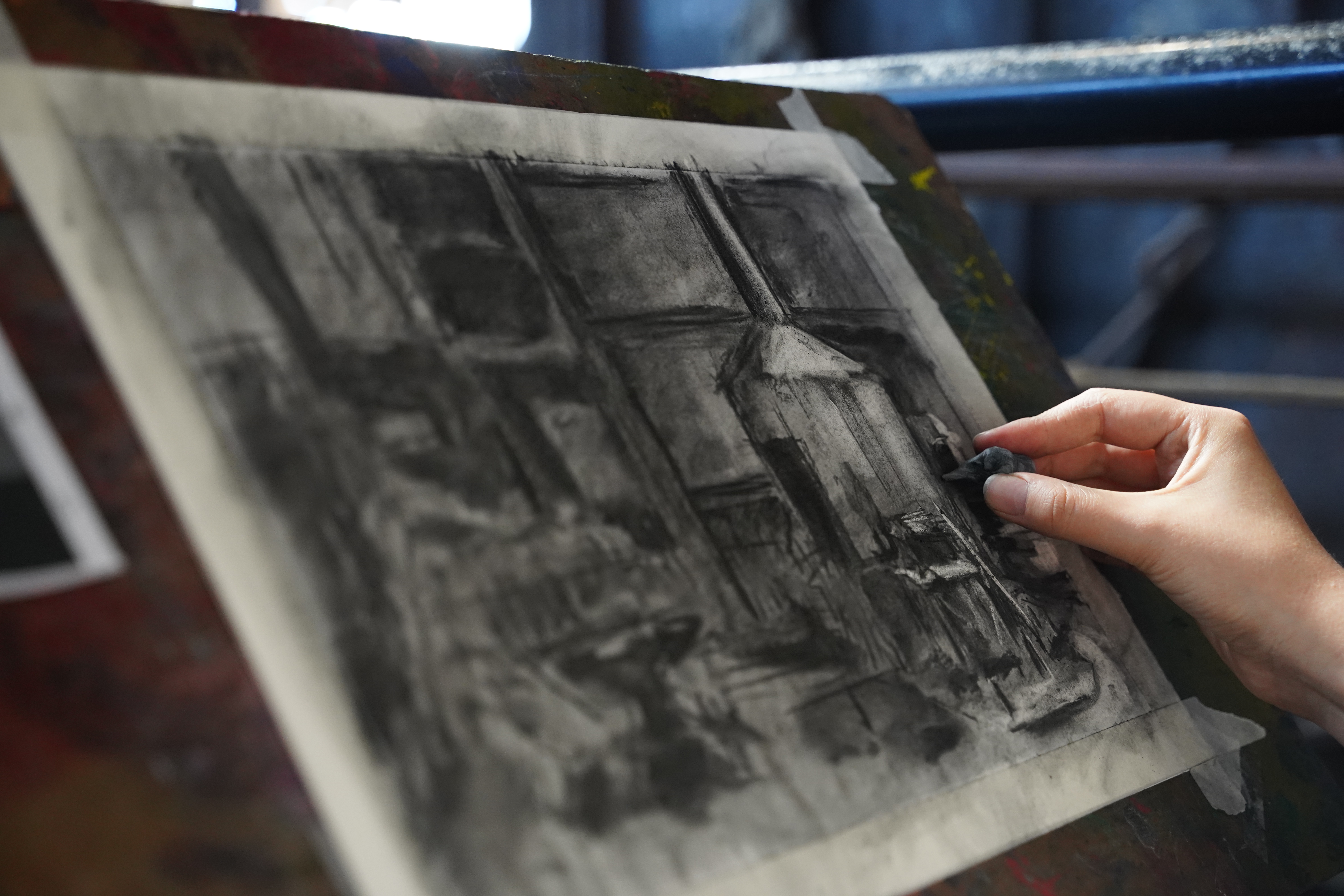 A charcoal drawing of the Blacksmiths Shop, created in an Arts on Site workshop.