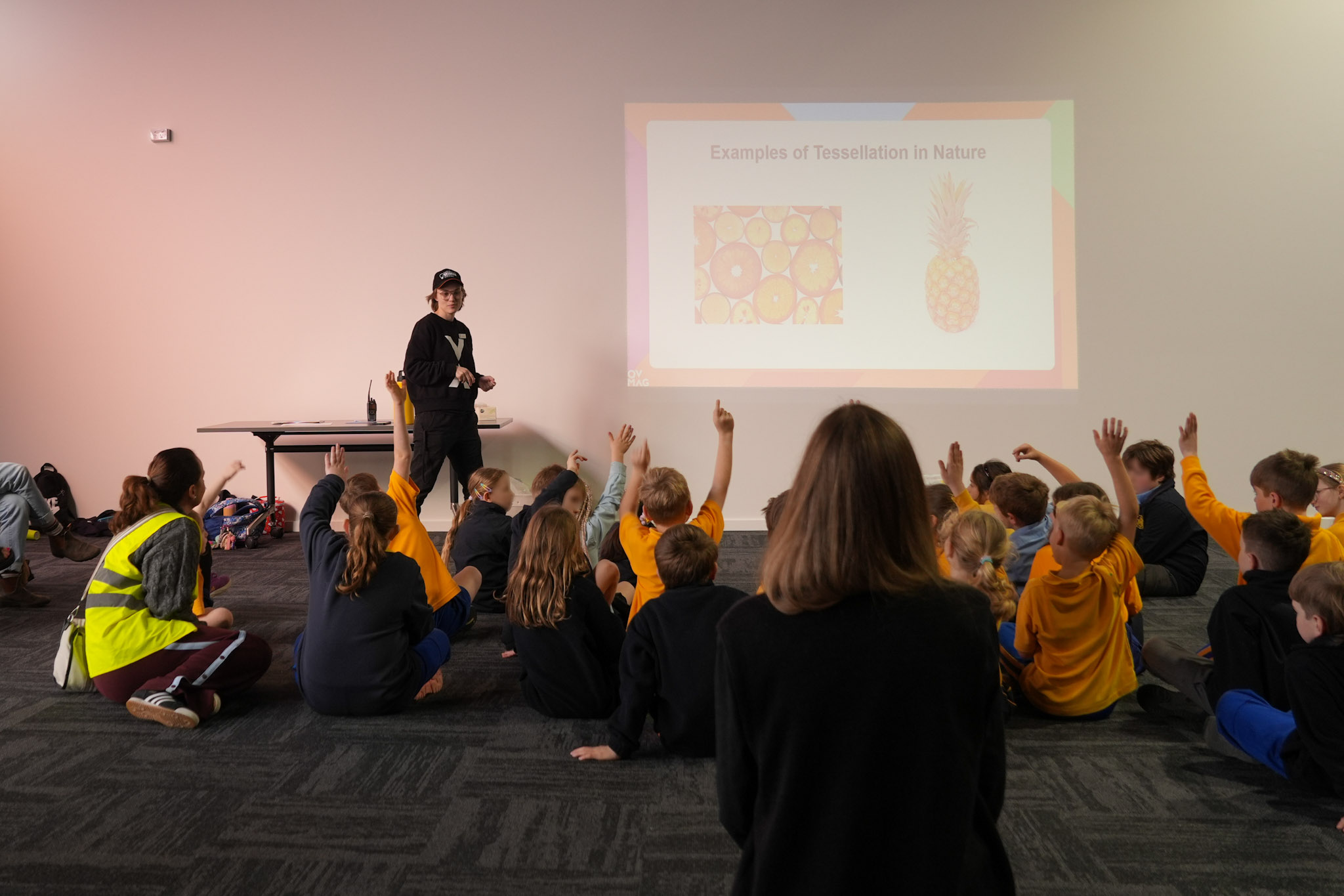 A QVMAG team member leads a class activity about patterns at Science Week 2025.
