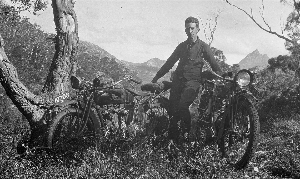 H J King Collection, QVM:2014:P:4214. Stereographic photograph (detail) of HJ King with two Indian Motorcycles on a trip to Cradle Mountain, 1921.